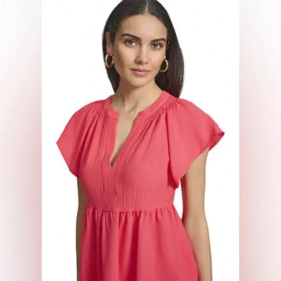 Calvin Klein Women's Flutter Sleeve V-Neck Gauze Dress Size 12 NWT Watermelon - Picture 4 of 16